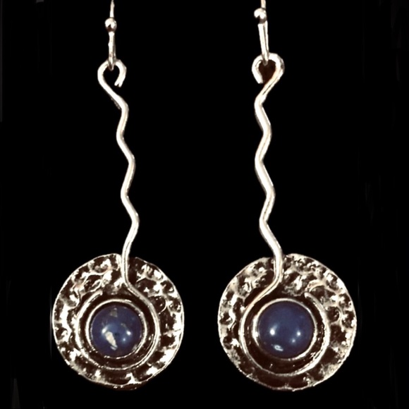 Lapis Lazuli Hammered Plate~ Tribal Ethnic Wavy Spiral Swirl Disc Platter Dangle - Picture 7 of 15